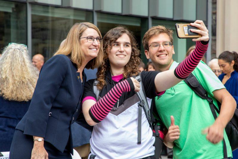 Engineering Dean Julia Ross taking a selfie with students