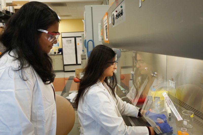 Two women wearing white lab coats and safety glasses look into a laboratory cabinet, where one of them is holding small vials. 